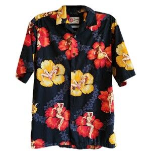 Hilo Hattie Men's Shirt Size S Black Floral Aloha Hula Pin-up Girls Tropical EUC